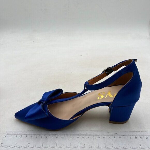 FYS Women Bowknot Pointed Toe Pumps T Strap Block Low Heel D'Orsays Elegant Blue - Picture 2 of 8